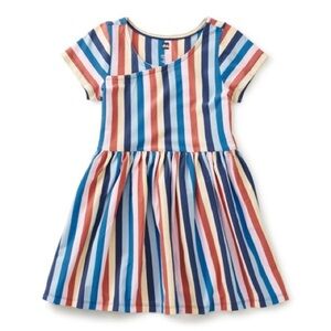 Tea Collection Girls Short Sleeve Wrap Neck Dress size 7 cotton striped blue
